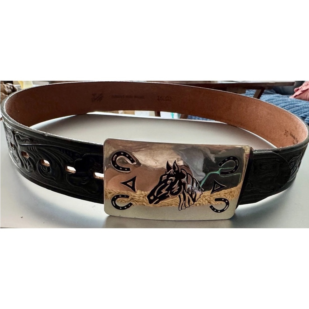 Vtg Chambers Belt Co.Horsehead Buckle,Black Leather Belt Sz 30 western UNISEX